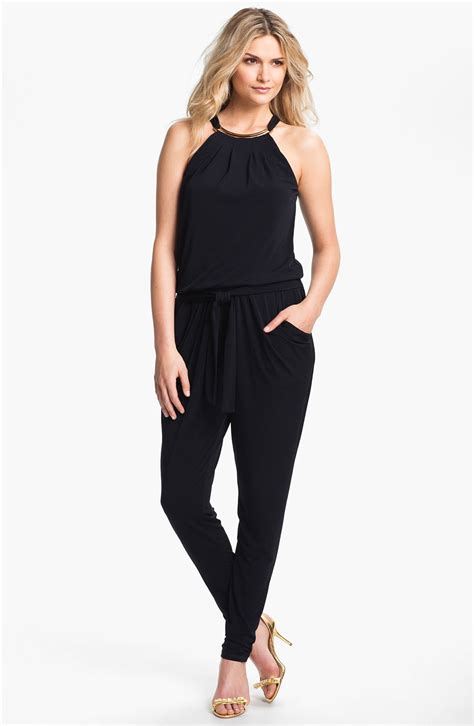 michael kors jumpsuit navy blue|michael kors embellished halter jumpsuit.